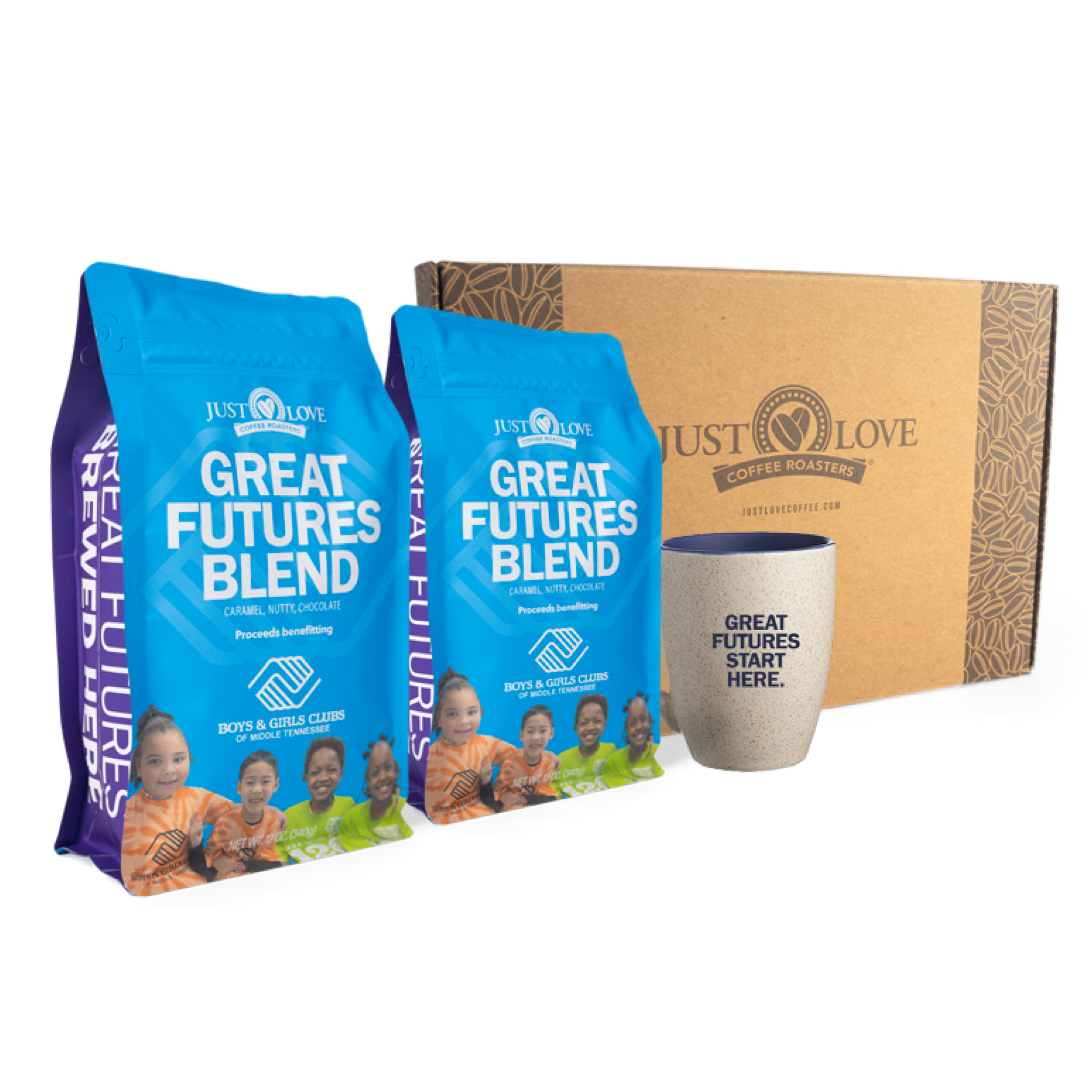 Gift bundle with Boys & Girls Club Coffee bags, mug, and branded gift box